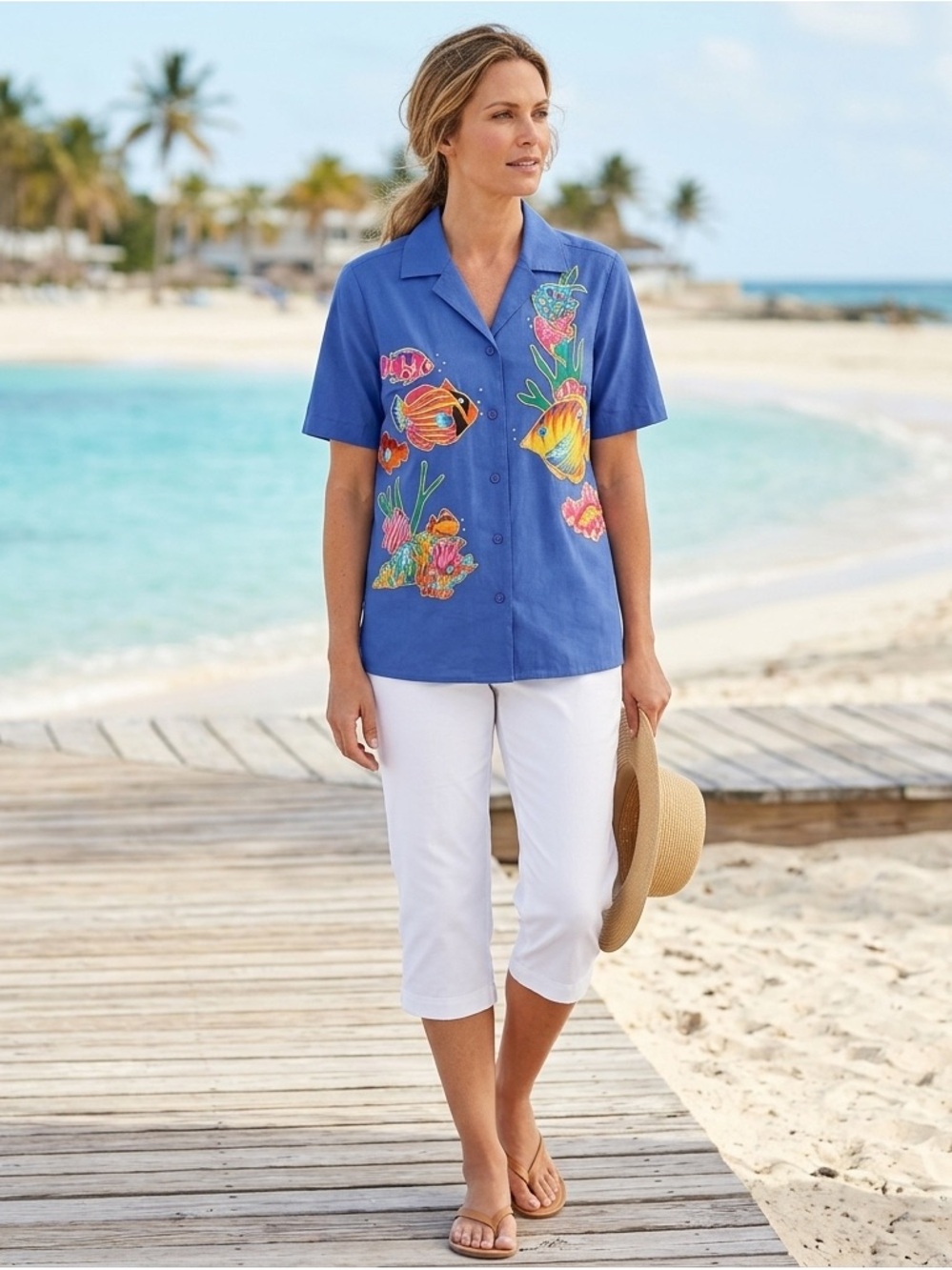 Quacker Factory Royal Blue Shirt with fish appliqué